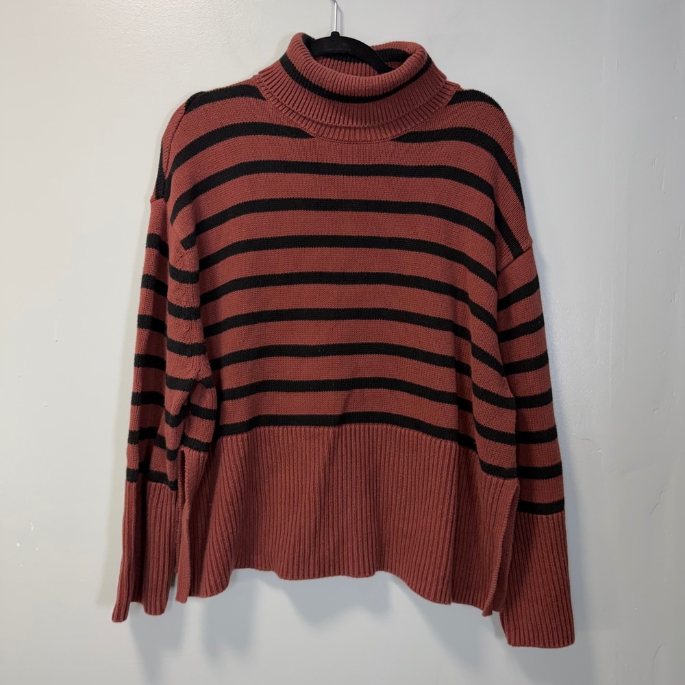 GAP Women Striped Turtleneck Sweater Rust Black Cotton Knit Small Cozy Oversized